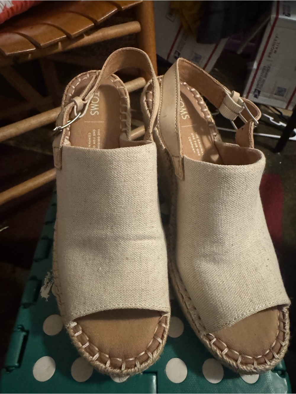 TOMS Women's Beige Canvas Espadrille Wedge Sandals size 10W